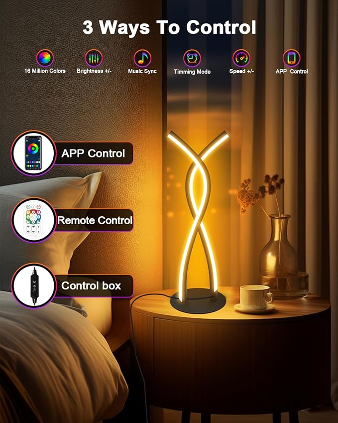 Daymeet LED Table Lamp, Modern Bedside Light Desk Nightstand Lamp RGBICW Color Changing Dimmable with Remote Music Sync Smart Bluetooth APP Control Night Light 5V USB Unique Desk Lamp for Bedroom Home