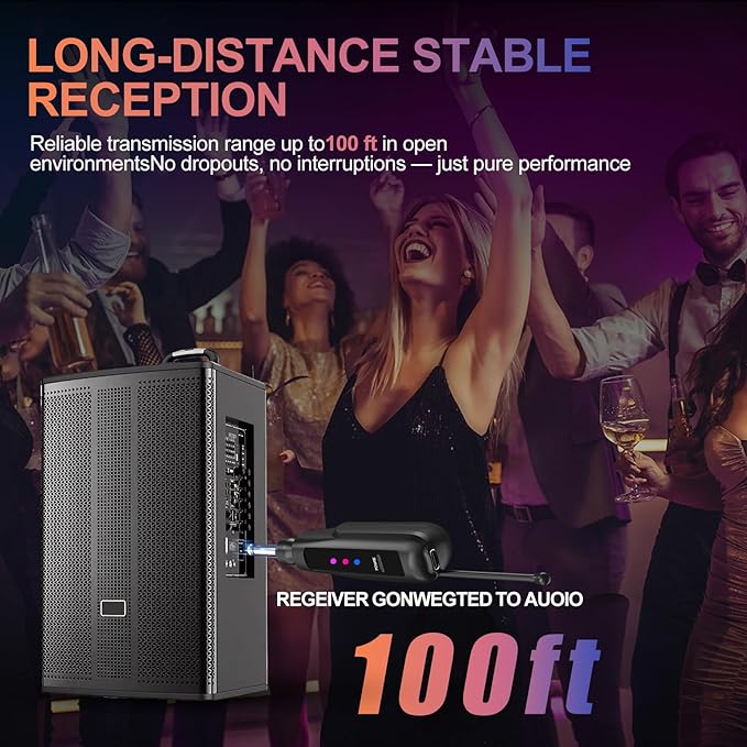 Aveek 2.4GHz Wireless Microphone System, Rechargeable Mics and Receiver, Plug & Play for Karaoke Machine, Party Speakers, Home Entertainment, Wedding & Events - Crystal Clear Sound, 100ft Range