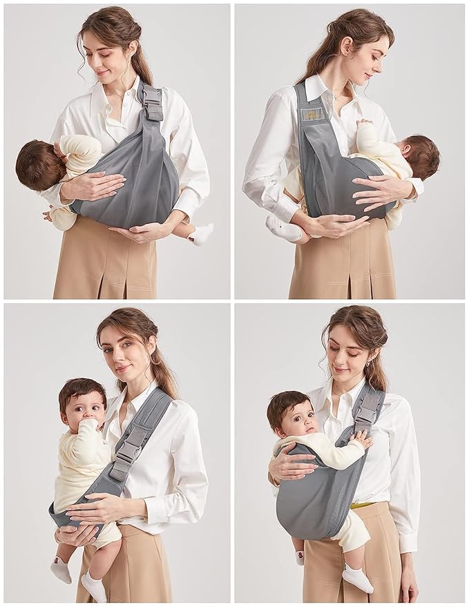 Baby Sling Carrier, Pure Cotton, Ergonomically Adjustable Baby Carrier Newborn to Toddler, Easy to Use, Portable, Ideal for 0-36 Months, Up to 33 lbs (Grey)
