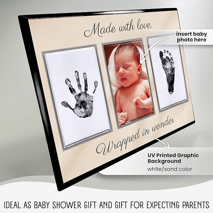 Baby Hand and Footprint Kit with Photo & Birth Details, Inkless Hand and Footprint Kit, Newborn Keepsake Plaque, Baby Shower Gifts (STYLE 2 (Baby Shower) (Made With Love))