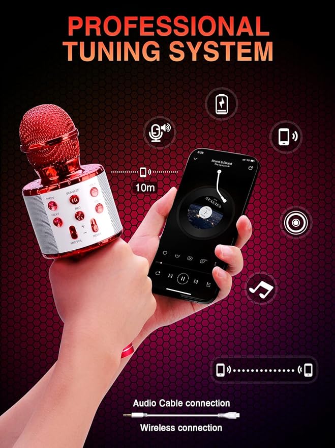 BlueFire 4 in 1 Karaoke Wireless Microphone with LED Lights, Portable Microphone for Kids, Great Gifts Toys for Kids, Girls, Boys and Adults (Red)