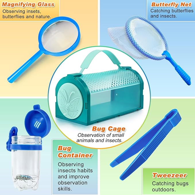 Bug Catcher Kit & Outdoor Explorer Kit for Kids, 10 Pcs Bug Catching Kit with Toy Cage, Backpack, Flashlight, Manifying Glass, Toy Net, Outdoor Exploration Toys Gift for Boys Girls 3-12