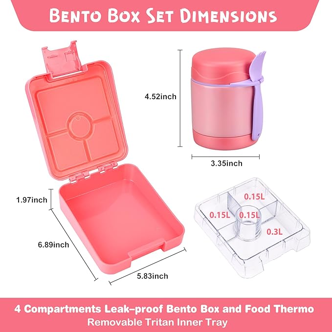Bento Lunch Box Set With 10oz Soup Thermo, Leak-proof Lunch Containers with 4 Compartment, Kids Hot Thermo Food Jar/Insulation Lunch Bag, Food Containers for School（Solid）