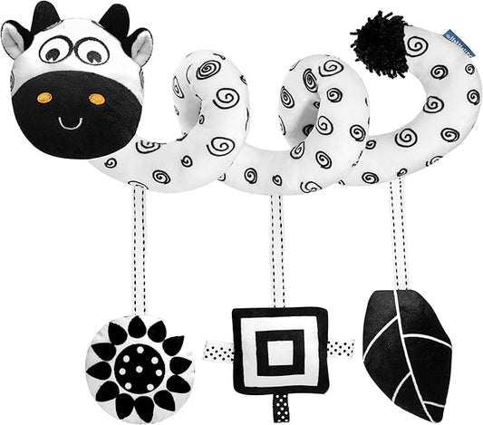 Car Seat Toys for Babies 0-6 Months,Hanging Rattle Toys for Crib Mobile, Baby Spiral Hanging Stroller Black and White High Contrast Toys for Newborn 0 3 6 9 12 Months Baby Boys Girls (Cow)