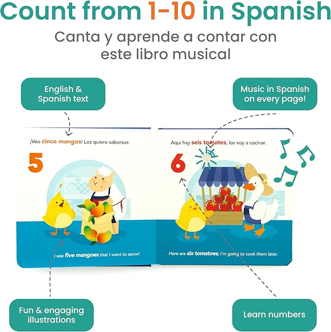 Binibi Spanish Musical Book - Counting at The Market | Bilingual Children's Book for Babies & Toddlers 1-3 | Libro en Espanol para Bebes