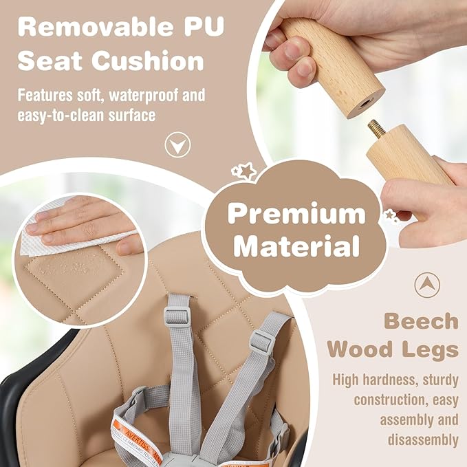 BABY JOY Baby High Chair, 6 in 1 Convertible Wooden High Chair for Babies & Toddlers with Adjustable Legs, Double Removable Tray, Safety Harness & Waterproof PU Cushion (Coffee)