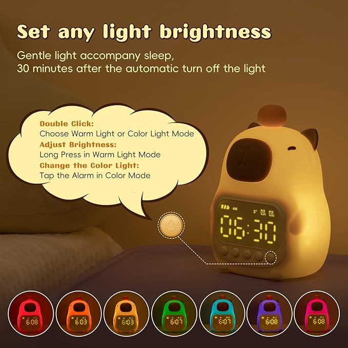 Capybara Alarm Clock with Night Light for Kids, 7 RGB Color Cute Alarm Clocks for Bedrooms Ok to Wake Clocks, Silicone Animal Tabletop Lamp for Teen Girls Boys