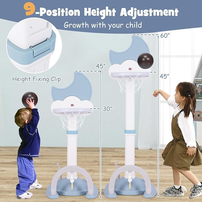 Costzon Kids Basketball Hoop with Electronic Scoreboard Cheer Sound, 4 in 1 Height Adjustable Toddler Basketball Hoop with Soccer, Golf, Ring Toss Game for Indoor Outdoor, Gift(Light Blue Moon)