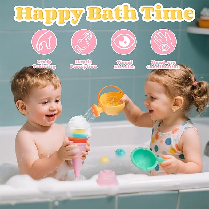 Baby Bath Toys for Kids Ages 1-3 6 PCS Ice Cream Toddler Bath Toys Mold Free Bathtub Beach Sand Pool Water Toys for 1 2 3 4 5 6 Years Old Girls Boys Gifts