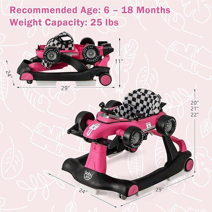 BABY JOY 4-in-1 Baby Walker, Foldable Activity Walker with Adjustable Height & Speed, Music, Lights, Steering Wheel, Comfy Seat Cushion, Activity Baby Push Walker for Boys Girls Aged 6 –18 (Pink)