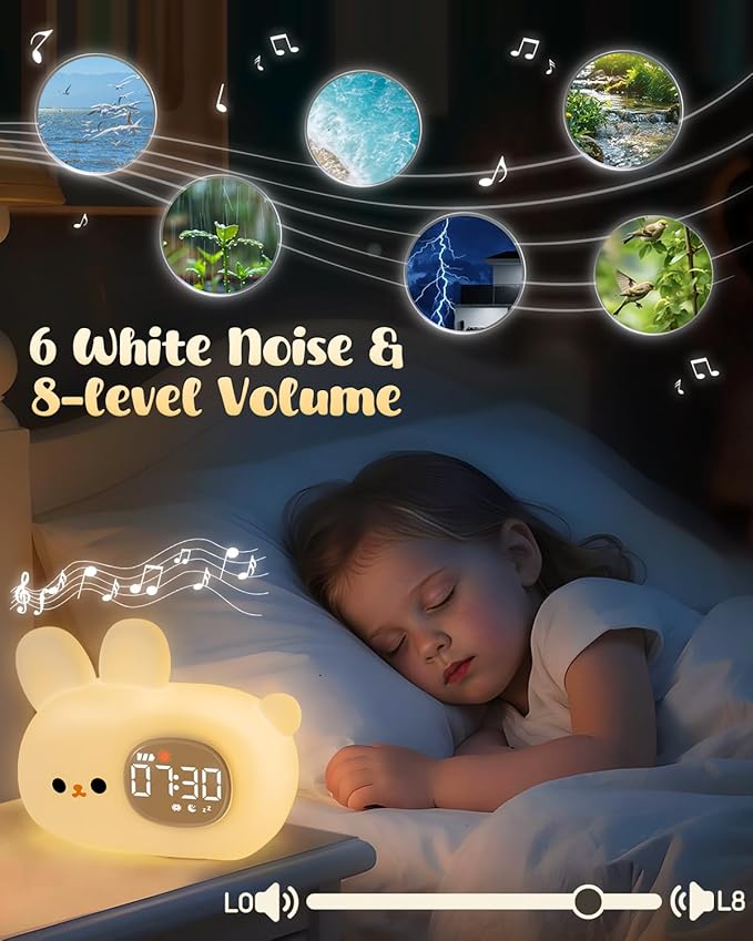 Bunny Alarm Clock for Kids with Night Light, Sleep Training Clock Time to Wake Clock, Rechargeable Silicone Light for Bedroom, Perfect Sleep Companion for Boys Girls