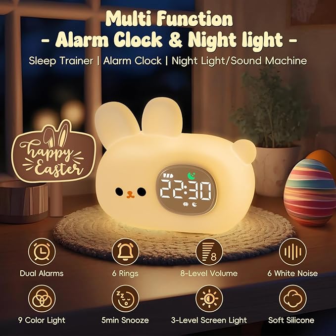 Bunny Alarm Clock with Night Light for Kids with Sleep Training and Sound Machine, Rechargeable Silicone Lamp OK to Wake Clock，Cute Animal Tabletop Lamp, Perfect Sleep Companion for Boys Girls