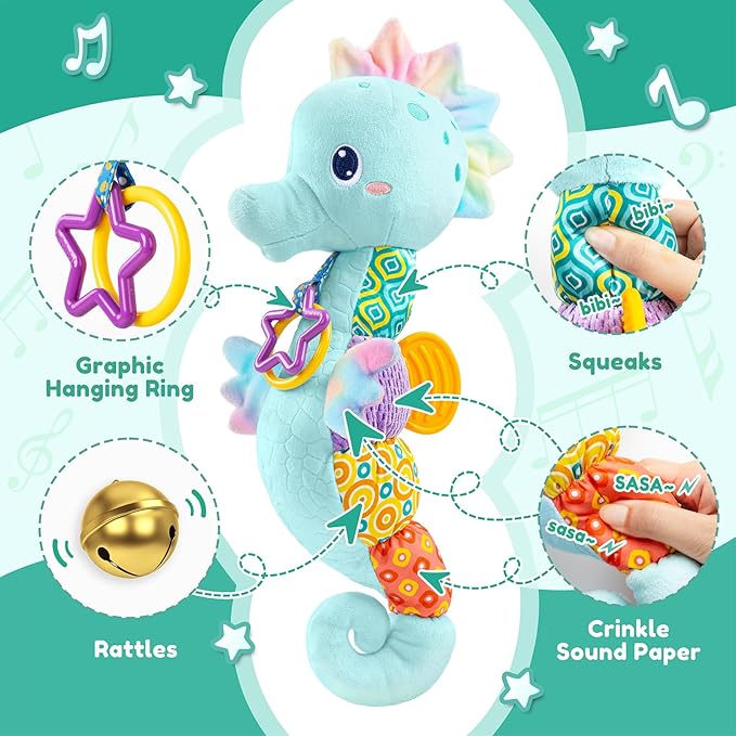 Baby Toys 0 to 12 Months, Musical Stuffed Animal Activity Soft Toys with Multi-Sensory Crinkle, Rattle and Textures, Infant Tummy Time Toys for Newborn Boys, Seahorse, Blue