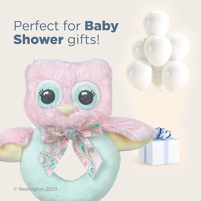 Bearington Baby Lil' Hoots Plush Stuffed Animal Pink Owl Soft Ring Rattle - 5.8" Baby Rattle Newborn Toy