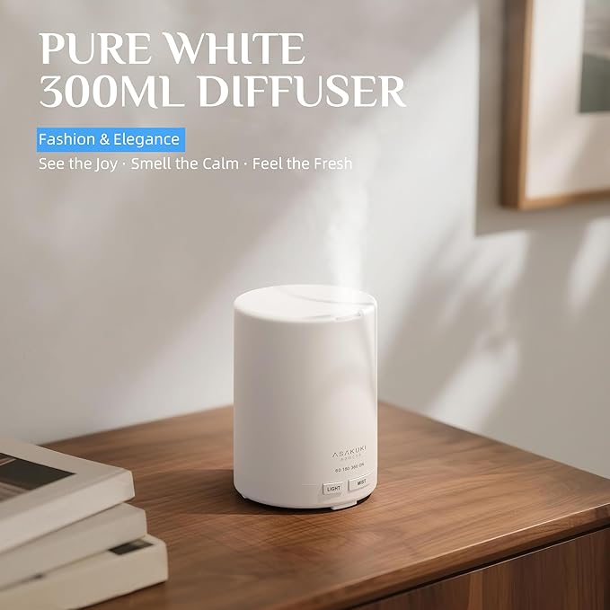 ASAKUKI Essential Oil Diffuser, 5-in-1 Quiet Humidifier, Home Fragrance Aroma Diffuser with 7 LED Color Changing Light and Auto-Off Switch (Pure White)
