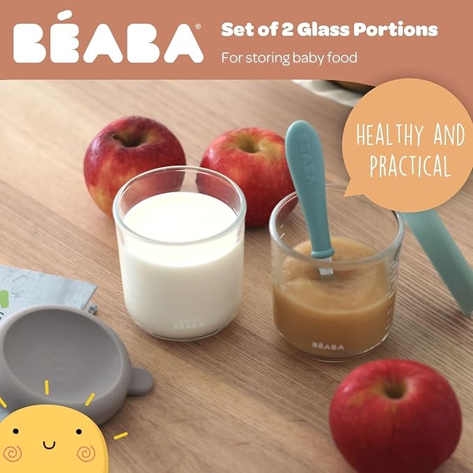 BEABA 4 Pack Glass Baby Food Jars with Soft Silicone Air Tight Lids, 8 oz Glass Storage Containers with Lids, Microwave and Freezer Safe Containers, Sunrise