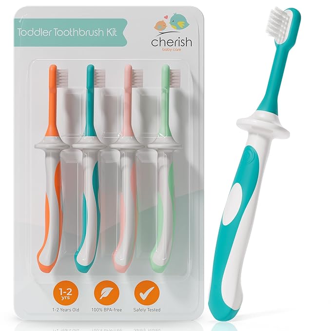 Cherish Baby Care Toddler Toothbrushes 1-2 Years (4-Pack) - BPA-Free & Safety-Tested Kids Toothbrush Kit, Designed by a Pediatric Dentist, Soft-Grip Toothbrush for Kids, My First Toothbrush Set