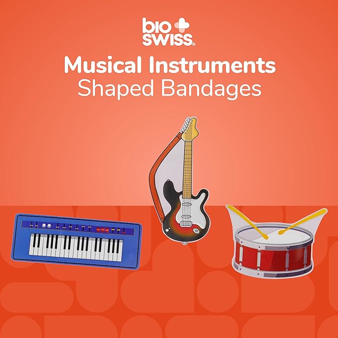 BioSwiss Bandages, Musical Instruments Shaped Self Adhesive Bandage, Latex Free Sterile Wound Care, Fun First Aid Kit Supplies for Kids and Adults, 50 Count