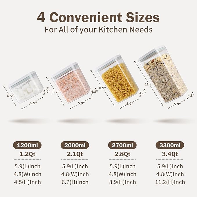 8 Pcs Pop Food Storage Containers Airtight Food Storage Containers Set with Lids Kitchen Pantry Organization and Storage, 3.4Qt, 2.8Qt, 2.1Qt, 1.2Qt