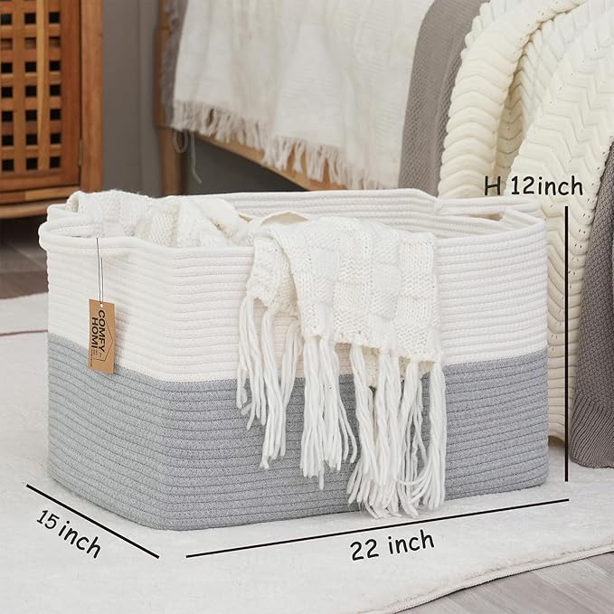 COMFY-HOMI Large Rectangle Laundry Storage Basket | Cotton Rope Woven, Organizing with Handle | Dirty Cloth & Baby Shower Basket | 22x15x12' - White/Grey