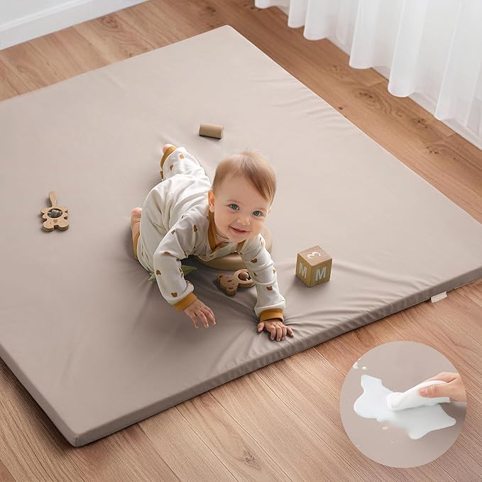 Blissful Diary Vegan Leather Baby Play Mat, 47x47 Thicken Foam Cushioned & Waterproof Playpen Mat for Infants and Toddlers, Stylish and Just Wipe-Clean Playmat for Baby Play on Floor, Taupe