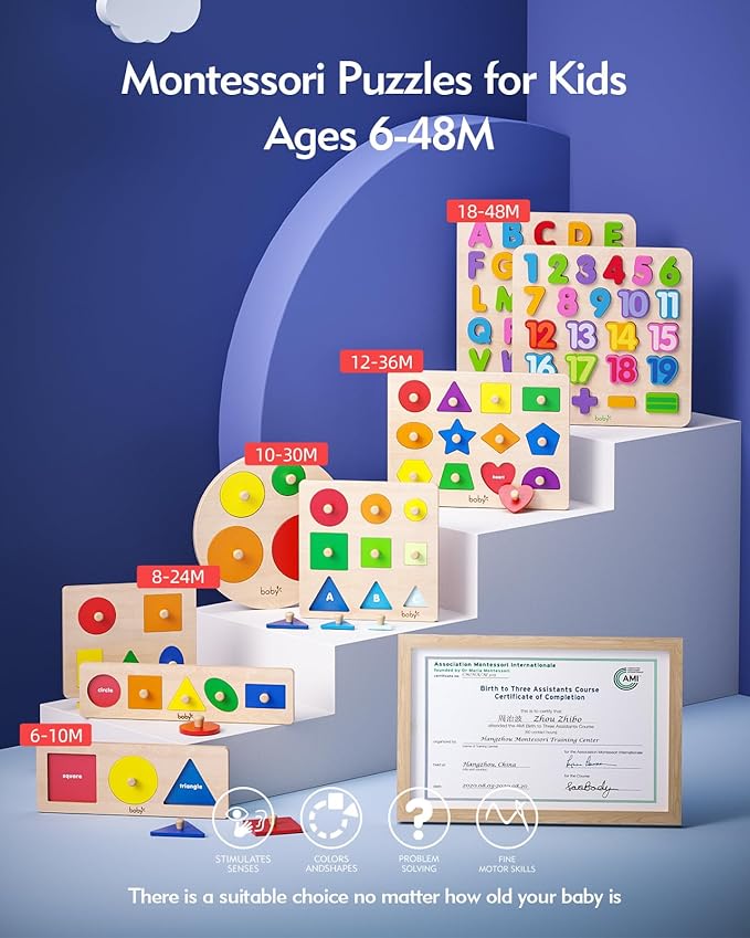 Boby Shape Color Puzzle for Toddlers 1-3, Montessori Learning Toys for 1 + Year Old Girl, Jumbo Knob Wooden Pegged Chunky Shapes Puzzles for Kids Ages 3, Baby Educational Toys 12-18-24 Months Boys