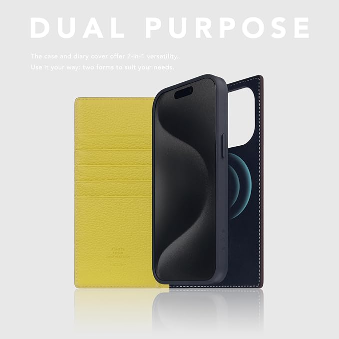 D8 Neon Full Grain Leather Wallet Case for iPhone 15 Pro Max - [2-in-1] Handcrafted Detachable Diary Style with Magnetic MagSafe Back Cover, Gift Box Included (Lemon)