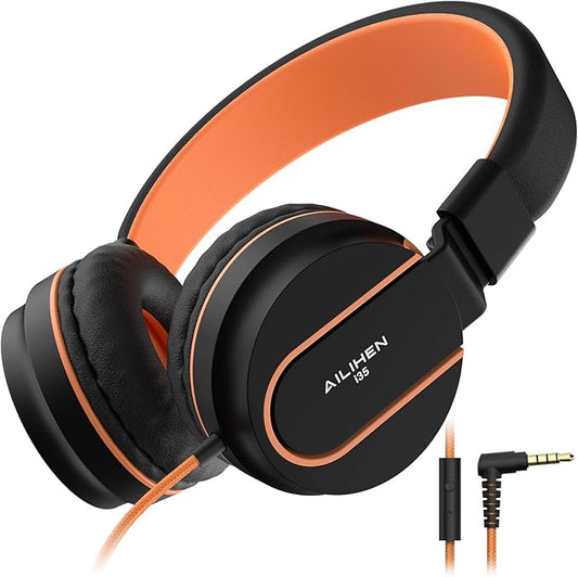 AILIHEN Kids Headphones, I35 On-Ear Headphones for School, Safe Volume 93dB, HD Mic Stereo Headphone for Kid Girls Boys, Foldable 3.5mm Wired for Chromebook, Laptop, Computer, Tablet (Black Orange)