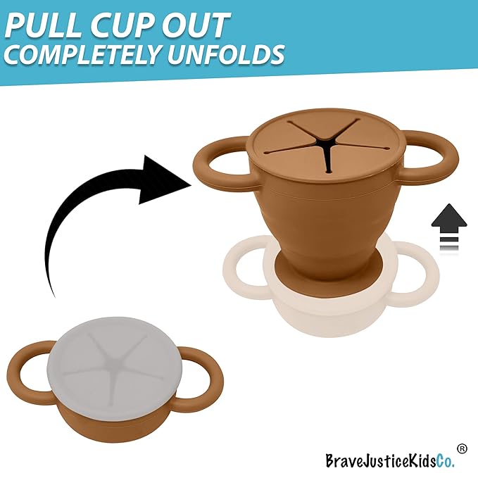 BraveJusticeKidsCo | Snack Attack II Snack Cup | Collapsible Silicone Snack Container | Toddler and Baby Snack Catcher Lid (Honey Ginger)