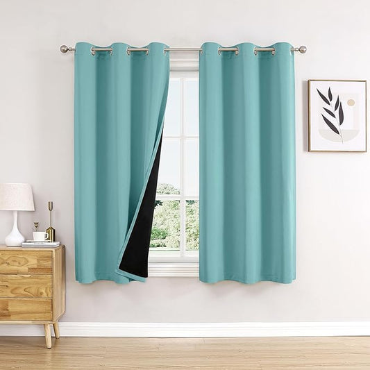 ChrisDowa 100% Blackout Curtains 54 inch Long for Bedroom with Black Liner, 2 Thick Layers Total Blackout Thermal Insulated Grommet Window Curtains 2 Panels Set (Aqua, 42 x 54 Inch)