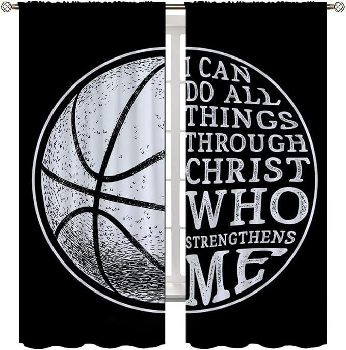 Basketball Blackout Curtains for Boy Girl Room Darkening Decor,Sport Theme and White Motto Dark Background Bedroom Living Room Home Rod Pocket Thermal Insulated Window Curtain/Drapes Panel,63x63 Inch…
