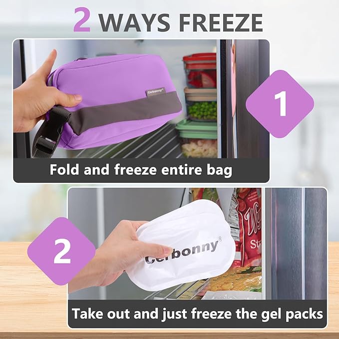 Cerbonny Small Cooler Bag Freezable Lunch Bag, Small Lunch Bag Insulated with Ice Pack, Double Layer Insulated Snack Bag for Work School Trip, Mini Cooler Bag Ideal for Fresh Snacks (Purple Double)