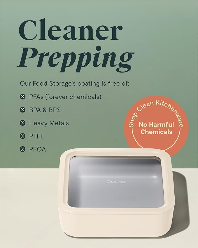 Caraway Glass Food Storage, 10 Cup Glass Container,Ceramic Coated Food Container,Easy to Store, Non Toxic, Non Stick Lunch Box Container with Glass Lids. Dishwasher, Oven,Square Shape,Cream