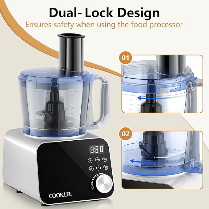 COOKLEE Food Processor, 600 Watts, 6 Functions Electric Food Chopper for Chopping, Mincing, Dicing, Shredding, Slicing, Purees & Dough with 12cup Processor Bowl, Food Chute & Pusher, Silver