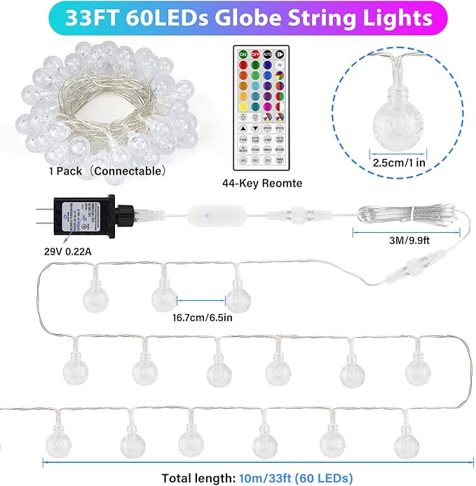 Color Changing String Lights Plug in, 33ft 60LED Connectable Crystal Globe String Lights Remote, Decorative Outdoor Twinkle Lights for Girl Gift Bedroom Patio Garden Tent Camp Party Christmas Décor