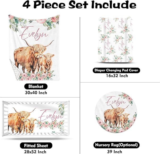Custom Nursery Crib Bedding Set: Personalized Name 4 Piece Floral Highland Cow Design Baby Crib Sets for Girls - Toddler Double Layer Blanket Set, Comfortable Crib Bed Sheets for Baby Toddlers