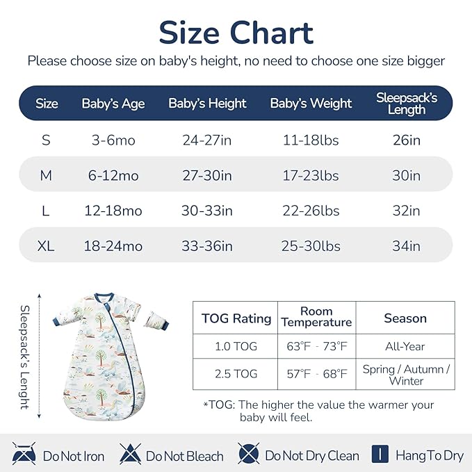 Baby Sleep Sack 12-18 Months, Cotton Detachable Long Sleeve Sleep Sack, 2.5 Tog Toddler Sleeping Sack with Temperature Strips, 2-Way Zipper Wearable Blankets for Newborns, Dinosaur