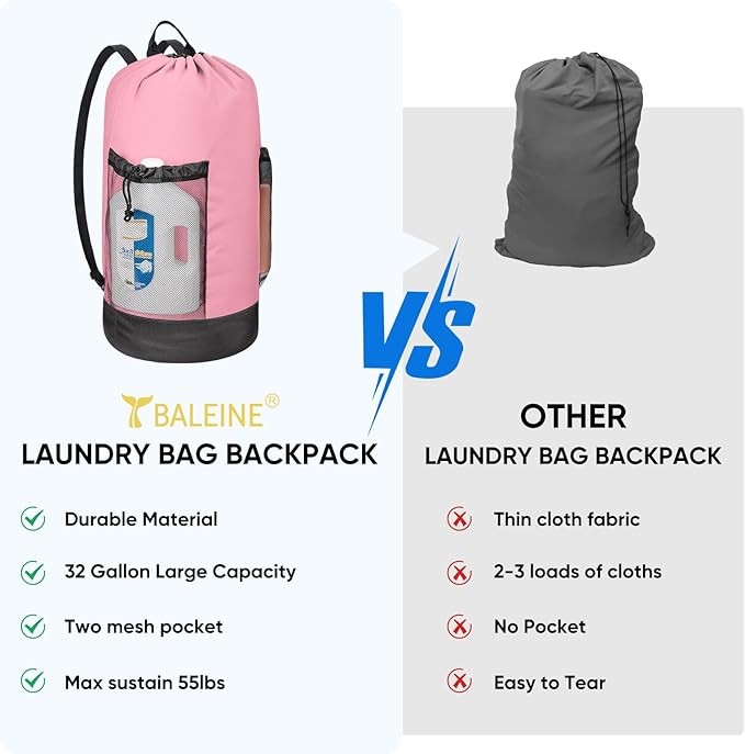 BALEINE 150L Laundry Bag Backpack, 900D Oxford Fabric Large Travel Laundry Bags with Shoulder Straps and 2 Mesh Pockets for College Dorm, Apartment, Laundromat (Pink, 150L)