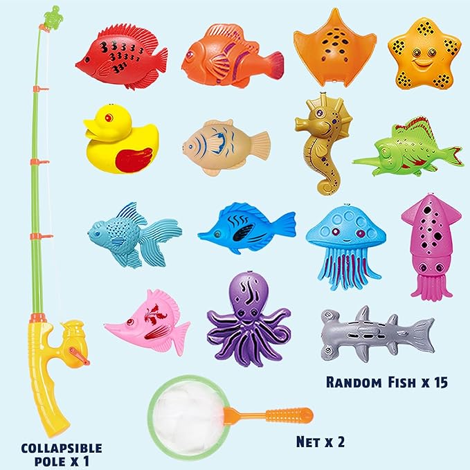 CozyBomB™ Kids Fishing Bath Toys Game | Magnetic Floating Toy Magnet Pole Rod Net, Plastic Floating Fish Toddler Pool Education Teaching and Learning Colors Birthday Age 3 4 5 6 Year