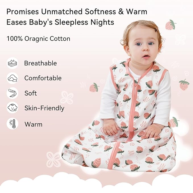 Baby Sleep Sack 18-24 Months 0.5 Tog Wearable Blanket Baby, 3 Pack 100% Cotton Lightweight Sleeping Sack with 2-Way Zipper for Infant Toddler Strawberry