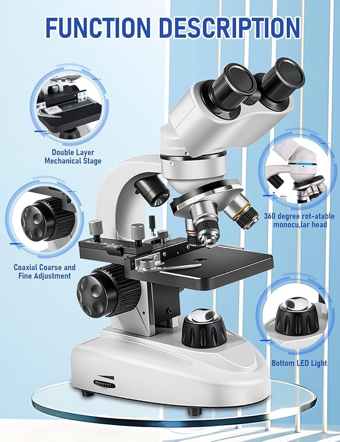 Binocular Compound Microscope 40X-2000X, Research Grade Professional Microscope with Dual Mechanical Stages and Coaxial Coarse/Fine Focus Knobs, Built-in Electronic Eyepieces, Adult Microscope