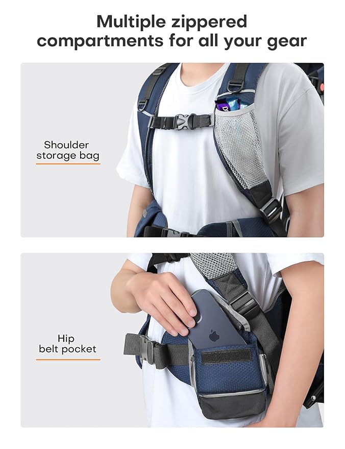 besrey Baby Backpack Carrier, Toddler Hiking Backpack with Safety 3-Height Seat, Adjustable Straps&Waist Belt, Foldable Frame Lightweight Large Capacity Child Carrier for Hiking (Blue/Grey)