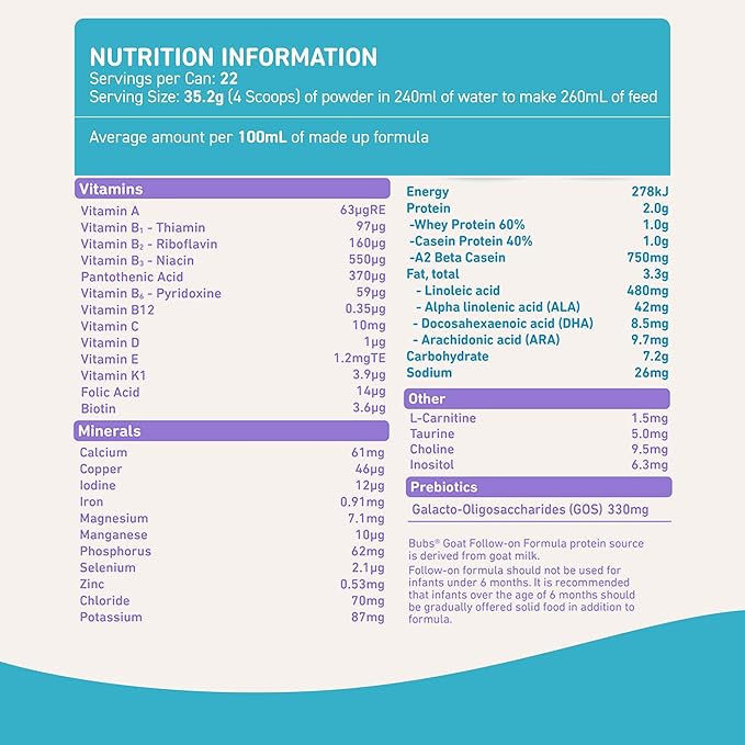 Bubs Goat Milk Infant Formula Stage 2, Infants 6-12 months, Made with Fresh Goat Milk, 14.1 oz