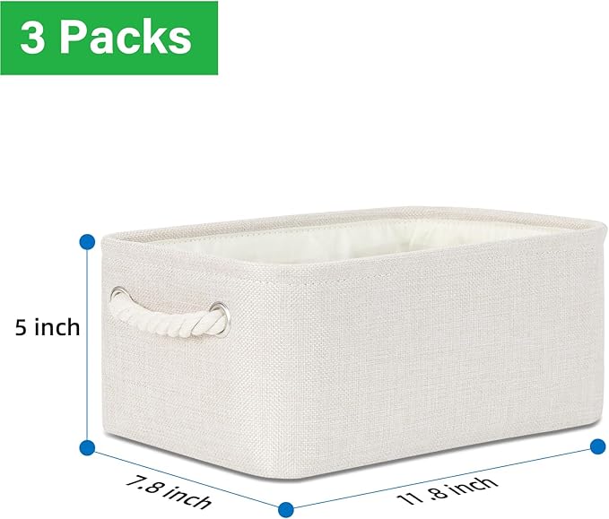 Bidtakay Small Storage Bins for Shelves 3 Pack Fabric Storage Baskets for Organizing 12x8x5 Inch Closet Storage Bins Linen Collapsible Organizer for Closet-Light Biege