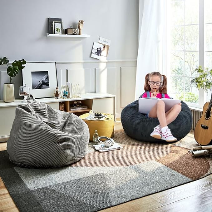 2 Pcs Classic Bean Bag Chair, with Faux Rabbit Fur Cover for Teens and Kids, Memory Foam Bean Bag Chairs, Ultra Soft Faux Fur Fabric, 2.5 feet Round Fluffy Bean Bag Sofa