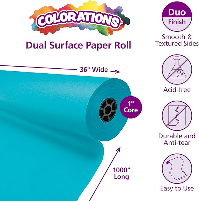Colorations Arts and Crafts Paper Roll - 36" x 1000', Aqua, Dual Surface, Markers, Finger Paints, Painting, Watercolors, Acrylic Paints, Wall Art, Bulletin Board Paper, Kids Crafts (Item # DSLB)