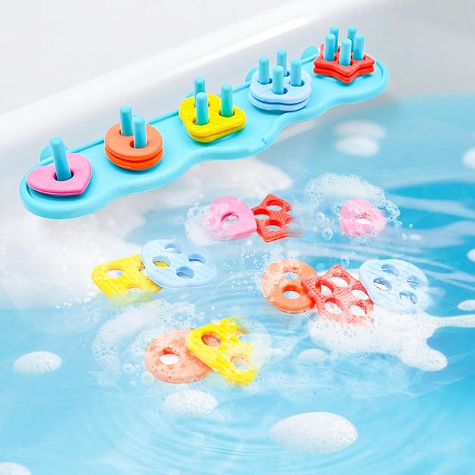 Baby Bath Toys, Sorting & Stacking Toy Bath Toy, Shape Sorter Toys for Bathtub,Stacking Bath Toy Set with 20 Textured Floating Pieces, Toddler Early Learning Bathtub Fun