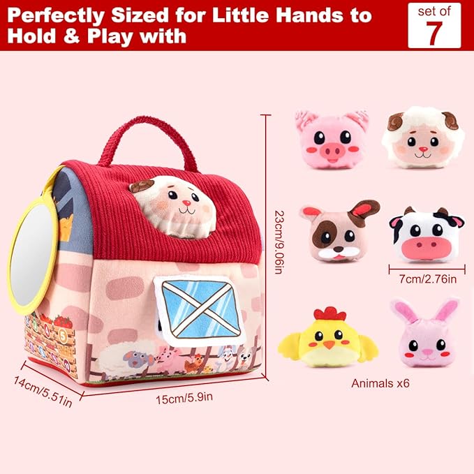 Baby Toys 6-12 Months – Montessori Sensory Barn with Plush Farm Animals, Rattles, Crinkle & Mirror – 1st Birthday Gift or Easter Basket Stuffer for Babies