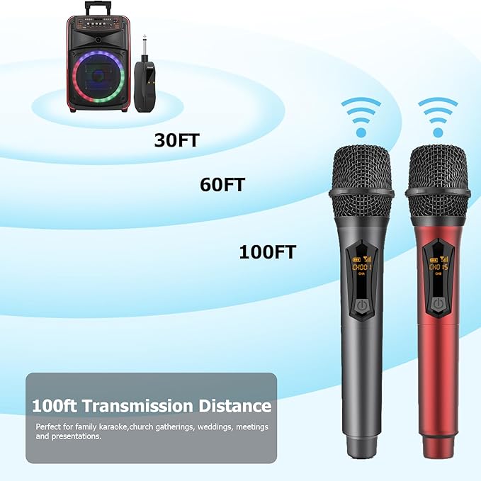 Aveek Wireless Microphone for Karaoke, 2.4GHz Rechargeable Karaoke Microphone(Work 10hs), for Speaker, Karaoke Machine,Church, Speech, Wedding, Party Singing, Grey&Red, 2 Packs