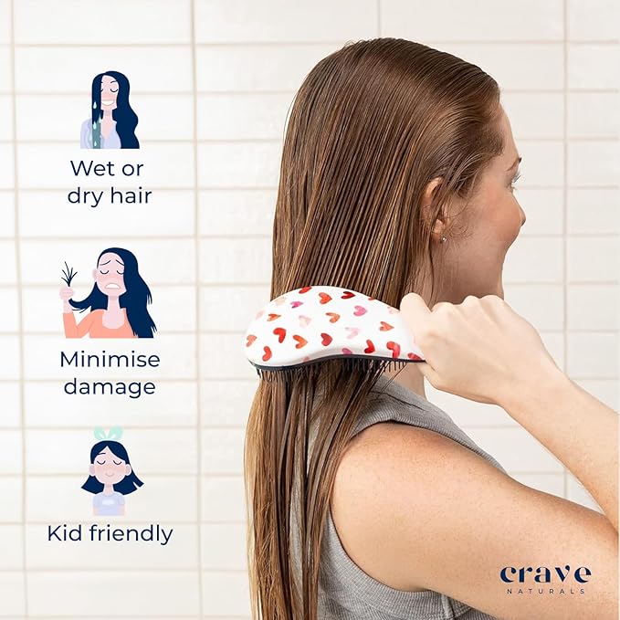 Crave Naturals Glide Thru Detangling Hair Brush for Adults and Kids - Detangler Hairbrush for Curly or Straight, Wet or Dry Hair - Gentle on Tangles Comb - Purple and Pink Hearts (Pack of 2)